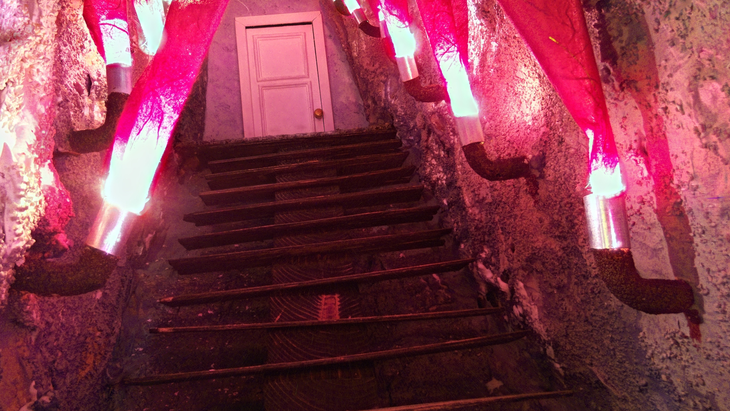 A rickety-looking wood staircase ascends in a stone tunnel.  The tunnel is dimly lit with red lamps on the walls.